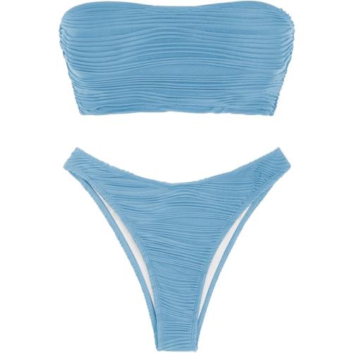 ZAFUL Women Strapless Textured Bandeau Bikini 2 Piece Swimwear Cheeky Solid Lace up Bathing Suits