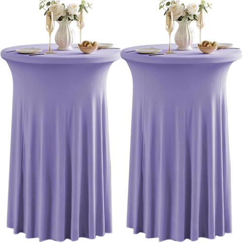 Qubjus 2 Pack Round Cocktail Table Covers with Skirt Stretch Spandex Tablecloth 32x43 Cocktail Round Tablecloth for Party Wedding Birthday Banquet, Light Purple