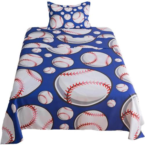 ADASMILE A & S Baseball Sheets Medium for Boys Kids Sports Sheet for Teens Baseball Bedding Set 3D Blue Ball Game Printed Bed Sheet with Pillowcase Soft Microfiber All Season Room Decor