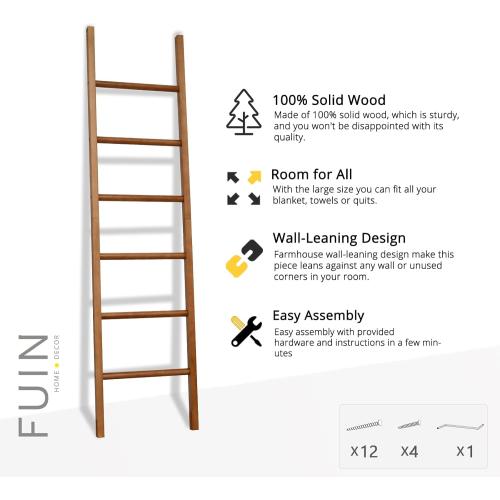 FUIN 6ft Wooden Natural Blanket Ladder Living Room Decorative Wall Leaning Farmhouse Quilt Display Holder Rustic Wood Towel Rack for Bathroom