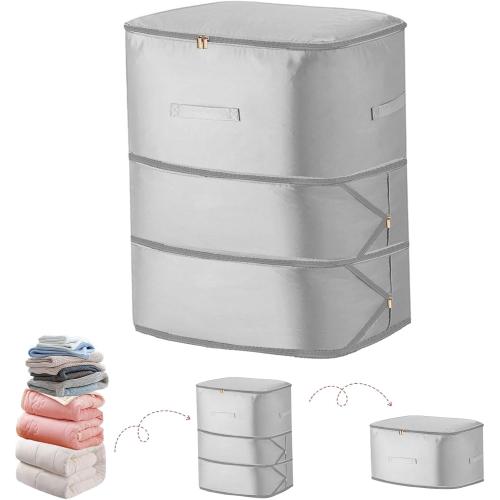 Comforter Self Compression Storage Bags, Large Capacity Blanket Storage Bags with Zipper 3-Layer Ultra Space Saving Organizer, Washable Bags, Grey