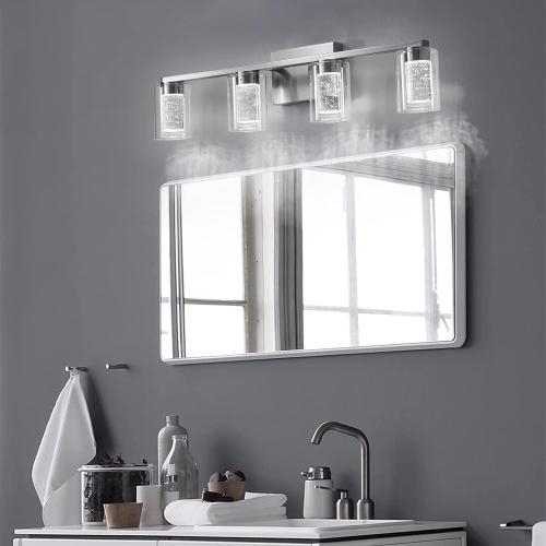 Bathroom Light Fixtures, 4 Light Brushed Nickel Vanity Light Over Mirror, 3 Color LED Bathroom Vanity Lights with Crystal Bubble Glass, Dimmable Bubble Wall Sconce Lighting for Bathroom, Living Room