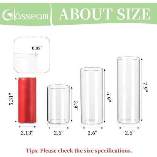 Glasseam Clear Glass Cylinder Vase, 6pcs Glass Vases for Centerpieces, Modern Floating Candle Vases for Flowers, Hurricane Vase Decor Candle Holders for Pillar Candles Wedding Decorations (4/6/8)