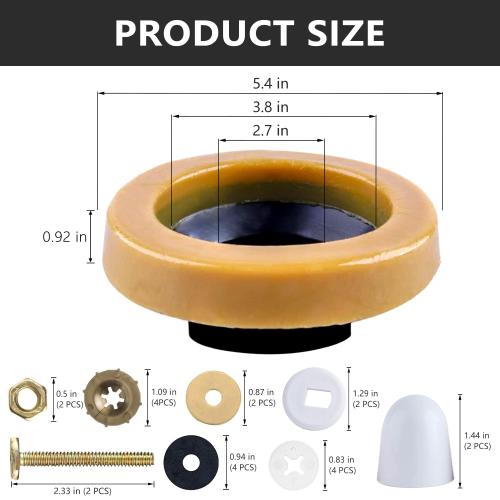 Wax Ring & Brass Bolts for Toilet Bowls Reinforced with Polyethylene Flange, Toilet Bowl Wax Gasket Seal for Floor Outlet Toilets New Install or Re-seat, Fits 3-inch or 4-inch Waste Lines