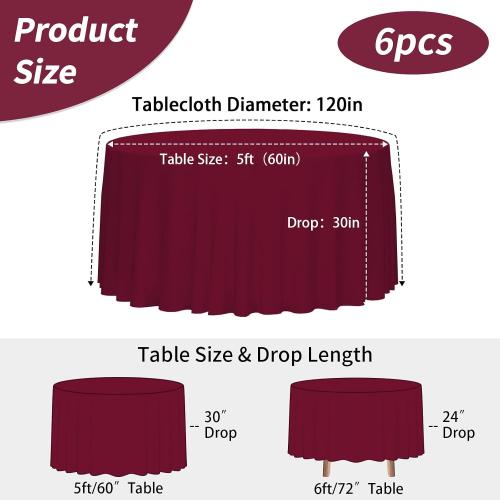 Fixwal 6 Pack 120 Inch Tablecloths Round Burgundy Table Cover | Polyester Fabric,Reusable, Machine Washable And Ironable, Ideal For Wedding, Party And Thanksgiving