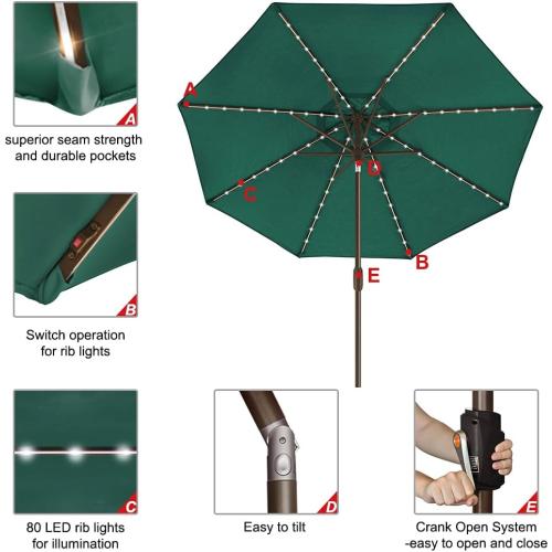 EliteShade USA 10-Year-Non-Fading Solar 9ft Market Umbrella with 80 LED Lights Patio Umbrellas Outdoor Table Umbrella with Ventilation