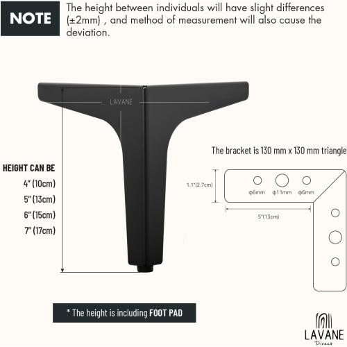 La Vane 7 Inch Metal Furniture Legs, Set of 4 - Modern Diamond Triangle Black DIY Replacement Feet for Cabinet, Sofa, Table, Ottoman Makeover