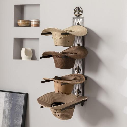 Size 13.8x32.6 Color brown Cowboy Hat Rack for Wall, Metal Fleur-De-Lis Cowboy Hat Holder for 4 Hats, Vertical Western Hat Rack Wall Mount, Rustic Fold-Up Wall Hanging Decorative Hat Racks, 13.8”W x 32.6”H