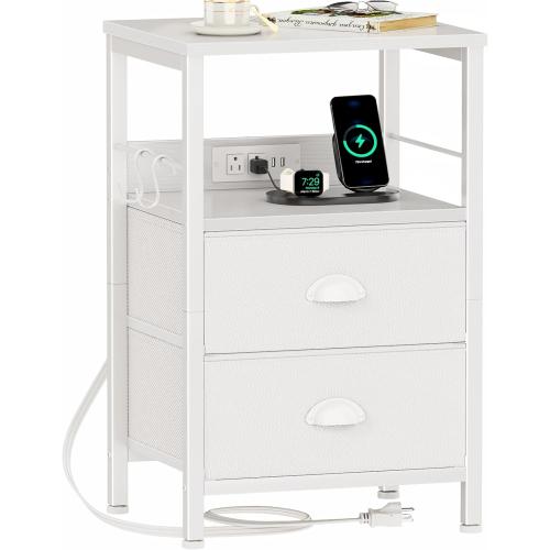 Furologee End Table with Charging Station, Nightstand with Fabric Drawers, Side Tables with USB Ports & Outlets, Night Stand with Storage Shelf & Hooks, for Living Room/Bedroom, White