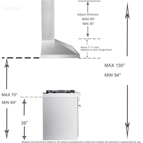 Wall Mount Range Hood Cover Extension Retractable Adjustable Kitchen Fan Chimney Vent Extender Duct Stainless Steel Upper and Lower 8 1/4(W) x6. 7(D) x 31 1/2~63(H)