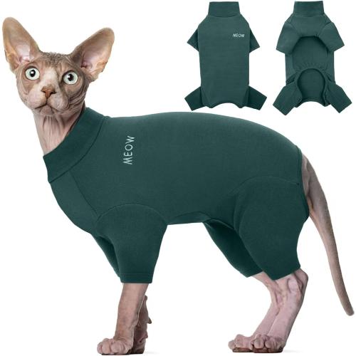ROZKITCH Sphynx Cat Clothes, Breathable Soft Cat Jumpers for Cats Only, Coat with Four Legs, Warm Sweater T-Shirt Pajamas Jumpsuit Vest Cornish Rex Devon Rex Peterbald DarkGreen XXL