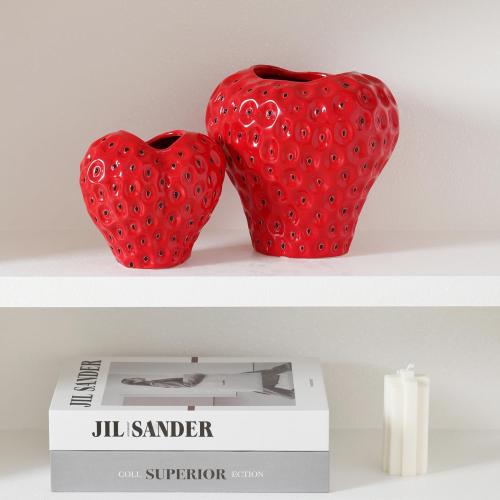 Strawberry Ceramic Flower Vase, Decorative Cute Ornament Vase for Aesthetic Decor Flower Arrangement, Unique for Colorful Modern Vintage Home Kitchen Office Decor Centerpiece, Red 7inch