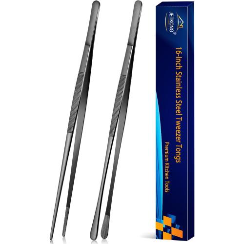 JETKONG 2 Pcs 16-Inch Kitchen Tweezers Tongs with Precision Serrated Tips, Stainless Steel Chef Tweezer Professional Cooking Tweezers for BBQ, Plating and Serving (16-Inch, Black)