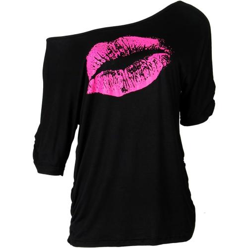 2XL Smile Fish Women Casual Oversized Sexy Lips Print Off Shoulder T-Shirt