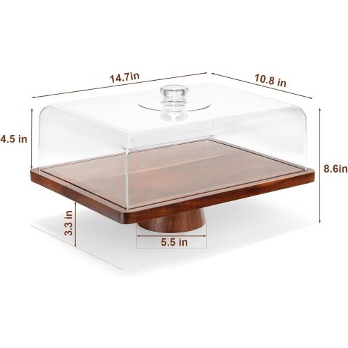 HouseJoy Acacia Wood Cake Stand with Lid-Extra Large 17 Rectangular Cake Holder,2-in-1 Dessert Table Display Set & Charcuterie Board,Acrylic Cake Dome Cover for Cheese/Veggie/Desert /Chips & Dip