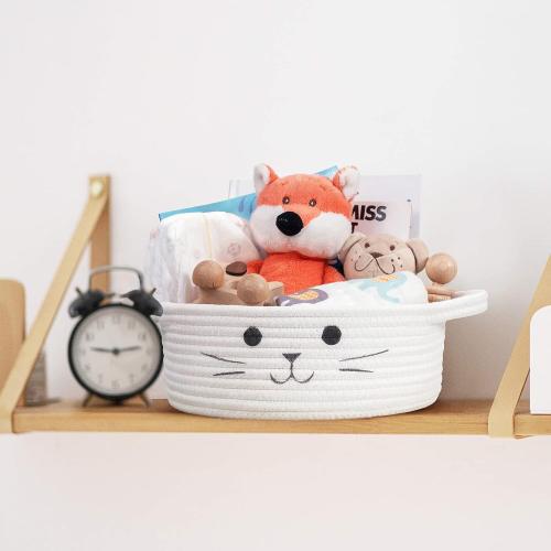 HiChen Small Woven Basket, Cute Cat Toy Basket for Living Room, Decorative Nursery Bin for Toys, Diapers, Empty Gift Baskets for Baby, White, 9.8 x 4 inches