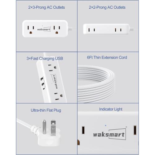 Flat Extension Cord 6 Feet - 4 AC Outlets 3 USB Ports (5V/3.4A 17W), Flat Plug Power Strip Compact for College Dorm, Travel, Cruise, Home, Office