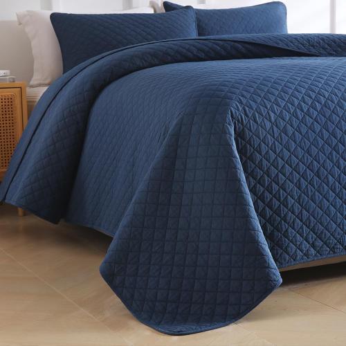 Cotton Quilt Bedding Sets Queen Size, 3 Pieces Reversible Lightweight Coverlets Comforters Bedspreads for All Seasons,Geometric Stitching Pattern,Navy Blue