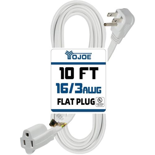 YOJOE Indoor Extension Cord, 3 Prong Grounded 13A Power Cord, 16 Gauge Heavy Duty 10 ft White Flat Plug Extension Cord for Home, Office, 16/3 SPT-3 UL Listed
