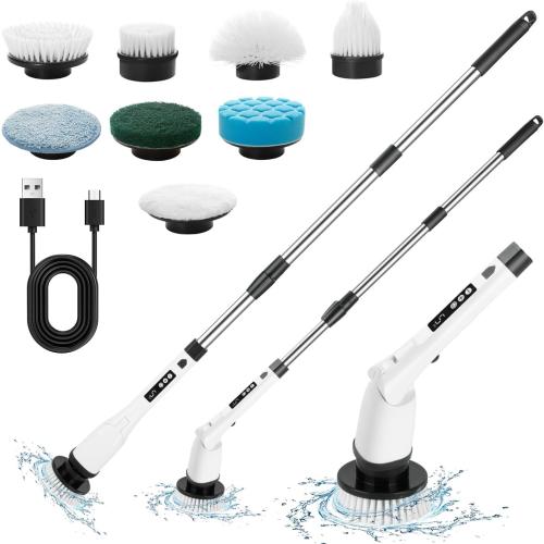 Electric Spin Scrubber for Household Cleaning - Electric Brush, Car Supplies, Bathroom Essentials, Baseboard Cleaner with Long Handle