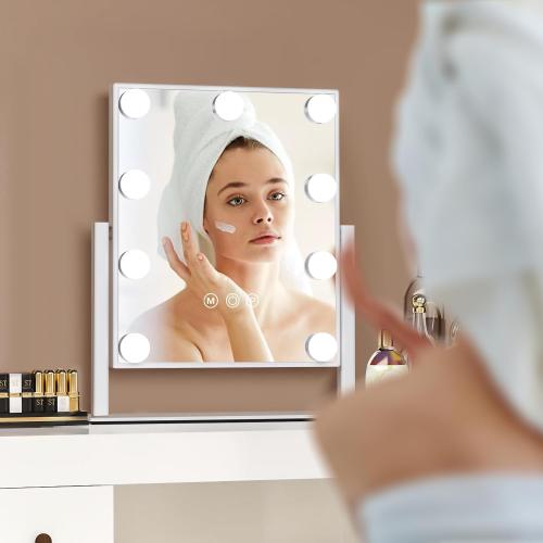 WHITE Hollywood Vanity Makeup Mirror with Lights - 9 LED Bulbs, Touch Control, 3 Colors Light, 360° Rotation, Light Up Vanity Mirror for Dressing Room & Bedroom