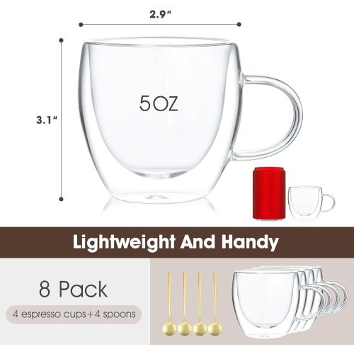 Espresso Cups Set Of 4,Double Wall 5OZ Hand Blown coffee Shots Glass,Espresso Coffee Mugs In Gift Box,Perfect For Espresso,Latte,Cappuccinos,Tea Bag,Juice