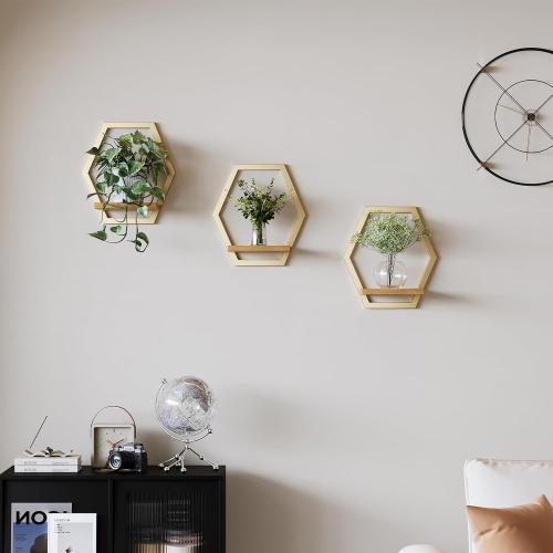 3 Pack Solid Wood & Heavy Duty Metal Wall Plant Stands,9inch Natural Wood Shelf, Boho Arch Hanging Planter for Indoor 25 LB Load for Plants, Flowers, Herbs Golden