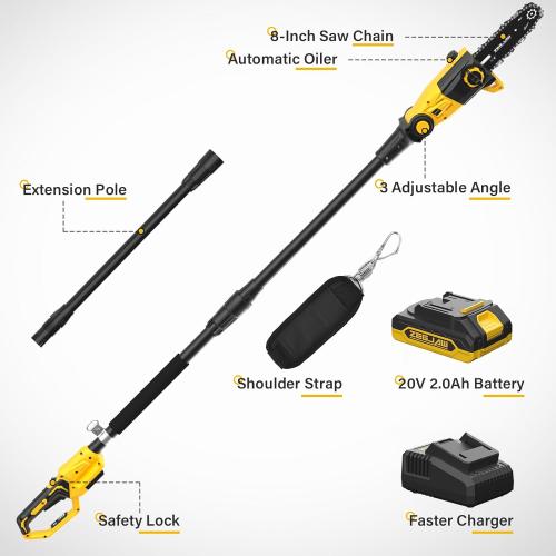 Pole Saw, 8-Inch Pole Saw for Tree Trimming Cordless 15-FT Max Reach, Auto Oiling, Tool-Less Electric Pole Saw, Tree Trimmer with Battery & Fast Charger