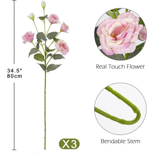34.5 Pink Artificial Flowers Silk Fake Flower 3Pcs Eustoma Lisianthus Flowers with Long Stem Faux Flowers Arrangement Branch with 4 Heads for DIY Wedding Party Centerpiece Bouquet Table Home Decor