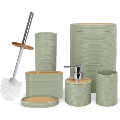 CERBIOR Bathroom Accessories Set 6 Piece Bamboo Bath Ensemble Includes Soap Dispenser, Toothbrush Holder, Toothbrush Cup, Soap Dish for Decorative Countertop and Housewarming Gift, Sriral Green