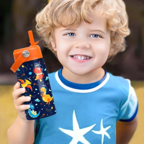 Kids Water Bottle with Straw Lid - 12 Oz Insulated Stainless Steel Dinosaur Water Bottles for Kid Boys - Travel Cup for School Sports