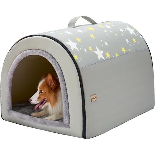 Jiupety 2 in 1 Dog House Indoor, Comfy Cave Bed Covered Dog Bed, Portable House for Medium and Large Dogs, 2XL(35×27×26), Up to 70 Lb, Grey