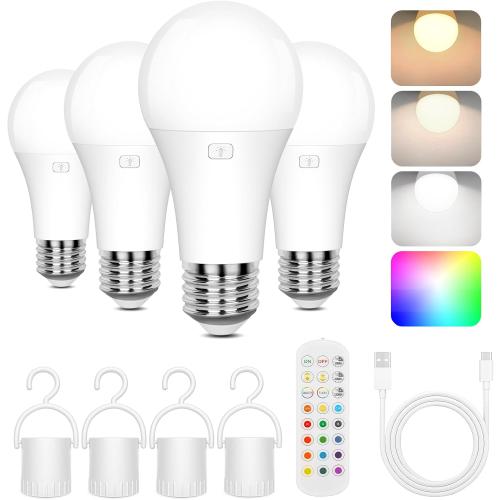 Rechargeable Battery Operated A19 Light Bulb with Remote Control 4 Packs, Dimmable Detachable LED Bulb with 15 Colors Selectable & 3 Timer, Wireless Puck Light Bulb for Wall Sconce, Non-Hardwired