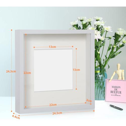 2pcs Shadow Box Frame, 9x9 3D Picture Frame with Cream-Colored Mat for 5x5 Photos, Shadowbox Display Cases with Real Transparent Glass - White/ 1.2 Inch Depth