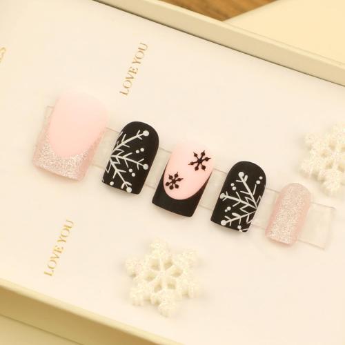 Square Snowflake Press on Nails Short Christmas Fake Nails Black & Sliver French Tip Acrylic Nails with Designs, Full Cover Stick on Nails Winter Artificial False Nails Cute Glue on Nails for Women