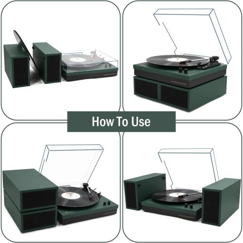 LP&No.1 Record Player with Stereo Bookshelf Speakers, Vintage 3-Speed Belt Drive Turntable, Wireless Input, RCA Output, Auto Stop Function | Dark Green