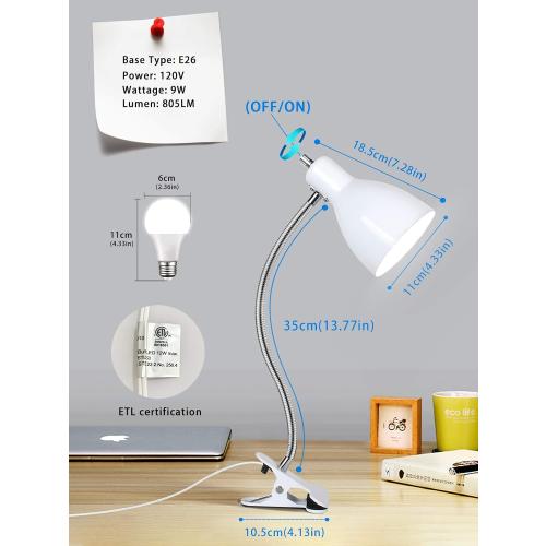 Desk lamp Eye-Caring Table Lamps, 360°Rotation Gooseneck Clip on Lamp Reading Light Portable Reading Book Light Clamp Study Desk Lamps for Bedroom and Office Home Lighting (White)