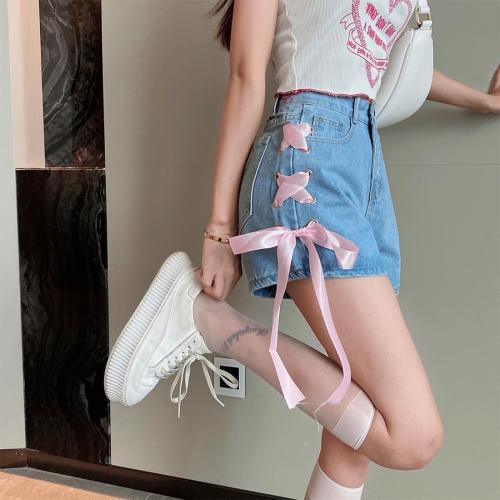Size M...Y2K Clothes Casual High Waisted Wide Leg A-Line Vintage Pink Ribbon Trim Denim Shorts for Women