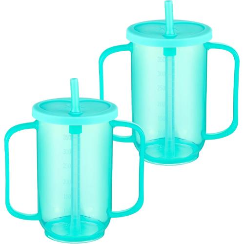 Sliner Adult Sippy Cups for Elderly 12 oz Straw Sippy Cups with 2 Handles No Spill for Adults Spill Proof Dysphagia Cup for Disabled Patients (Blue)