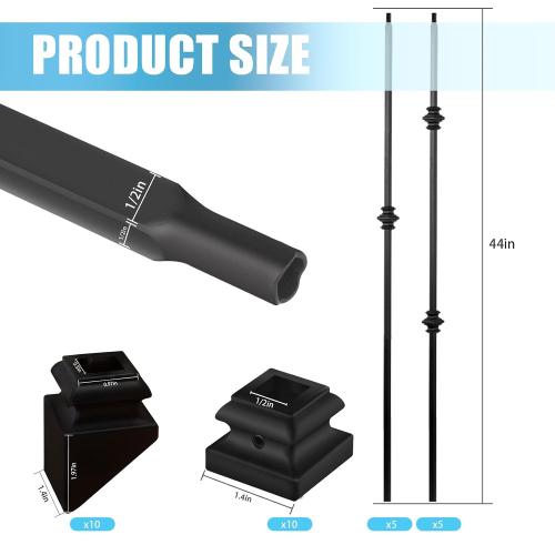 10 Pack Color Black  Staircases Iron Balusters -1/2'' Square Hollow Metal Spindles with Single Knuckle and Double Knuckle Design, Includes 10 Flat Shoes & 10 Angle Shoes