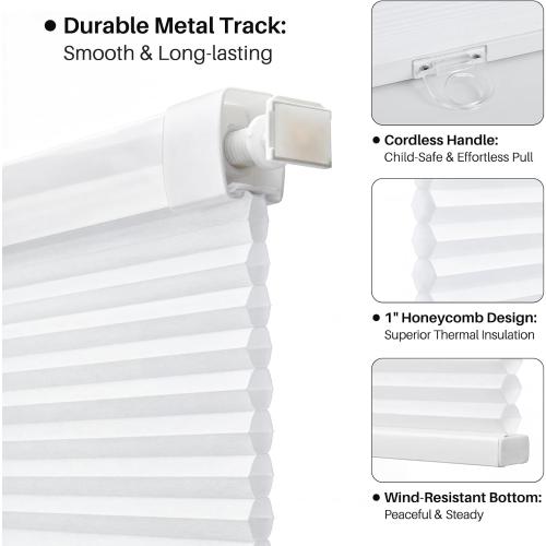 No Drill Cordless Cellular Shades, 30s Easy Install Honeycomb Window Shades, Light Filtering Thermal Insulated Blinds for Bedroom Kitchen Bathroom (White, 35 W x 48 H)
