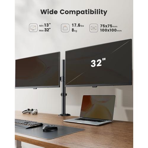 ErGear Dual Monitor Stand, Heavy Duty Adjustable Monitor Desk Mount for 2 Screens up to 32 Inches, Fully Adjustable Height, Tilt, Swivel, Rotate, Supports 17.6 lbs per Monitor Arm, Easy Installation