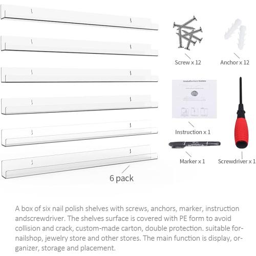 Sezanrpt 24 Inches Acrylic Nail Polish Rack for Wall, Clear Nail Polish Organizer Wall Mounted for 150 Bottles, 6 Pack