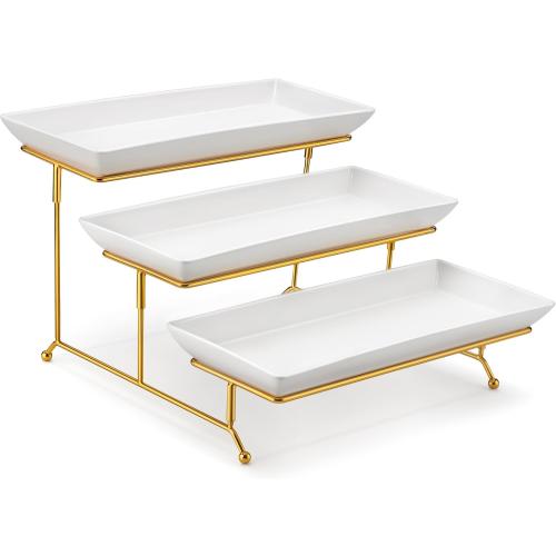 MALACASA 3 Tier Serving Trays for Party, 14 Inch Porcelain White Trays for Serving Food, Dessert Stand with Collapsible Gold Metal Rack