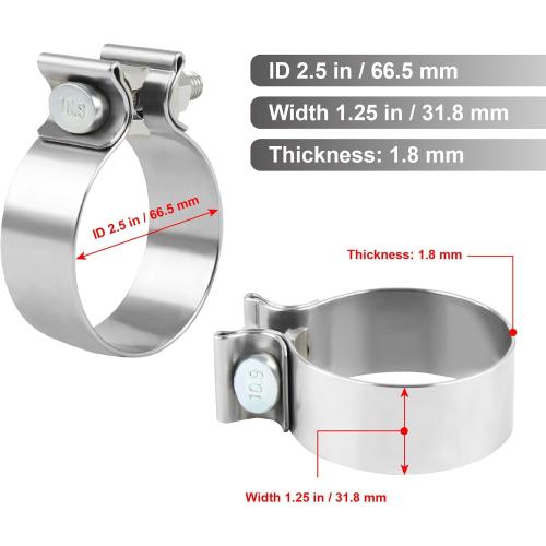 2.5 Inch Exhaust Clamp, 2.5 Narrow Band Muffler Clamp, Stainless Steel, 2pcs
