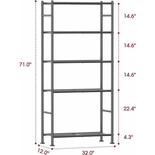 Sakugi Storage Shelves - 5 Tier Shelf Organizer, Sturdy Metal Garage Shelving with Adjustable Leveling Feet, Space-Saving Shelves Organizer for Pantry, Laundry, Kitchen (32 x 12 x 71, Black)