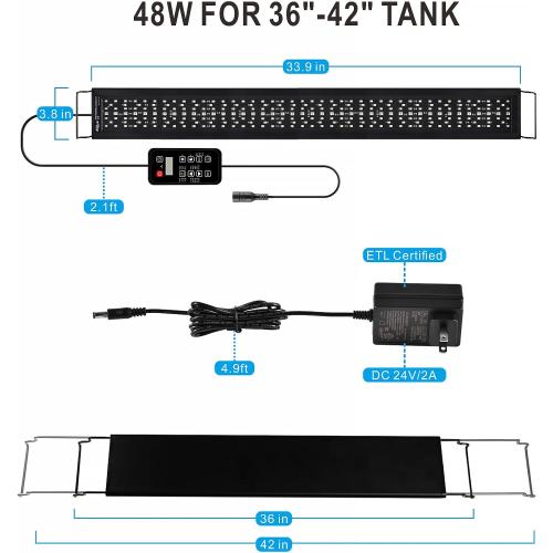 Advanced 7-Row LED Aquarium Light, Easy Setup Controller, Auto On Off Full Spectrum Fish Tank Light, 24/7 Lighting Cycle, 8 Colors, 10 Level Dimming, 48W for 36-42 Freshwater Planted Tank