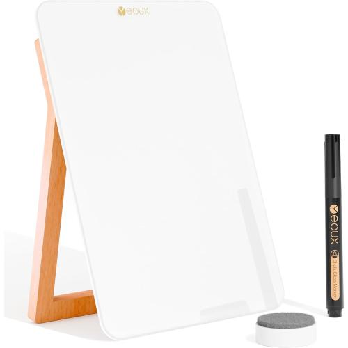 Desktop Glass Whiteboard with Reversible Wood Stand, Small White Board, Mini Dry Erase Whiteboard Easel for Desk, Reusable Desk Notepad 9.5x6.7 for Home, Office, Accessories Included, Yeoux
