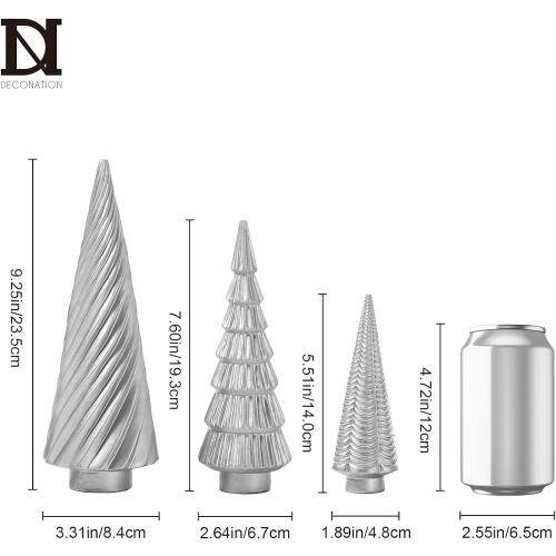 DN DECONATION Silver Christmas Tree Figurines Set of 3, Table Top Xmas Tree Decor with Glitter, Modern Pine & Swirl Design, Resin Christmas Trees for Mantel, Desk, Fireplace,Holiday Centerpiece