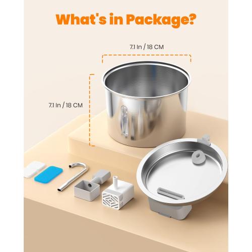 oneisall Stainless Steel Cat Water Fountain, 2L Water Fountains for Cats Indoor with Quiet Pump and 3 Replacement Filters, Pet Water Fountain Faucet Spout Design Cat Fountain Drinking Inside, PWF 001